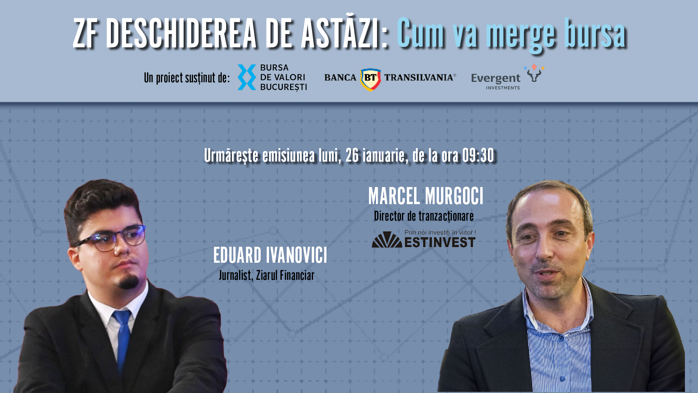 Bursa de Valori Bucureşti se pregăteşte de tranzacţionare după prima săptămână pe minus din 2026. Marcel Murgoci, Estinvest: „În acest moment, nu pare o inversare de trend”. Mai multe detalii, în emisiunea ZF Deschiderea de Astăzi din 26 ianuarie