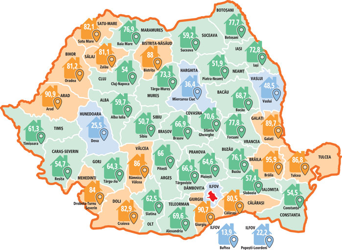 Harta imobiliară a României. În jumătate din ţară piaţa de locuinţe se rezumă la reşedinţa de judeţ: „O pondere foarte mare a oraşului reşedinţă de judeţ în totalul tranzacţiilor este sinonimă cu o dezvoltare economică mai slabă a localităţilor din respectivul judeţ“