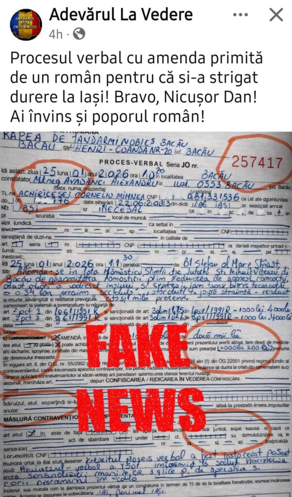 Jandarmeria Română arată că e vorba de un FAKE în privința Procesului Verbal cu amenda unui român care a participat la protestele din 24 Ianuarie și care a fost distribuit pe rețele sociale