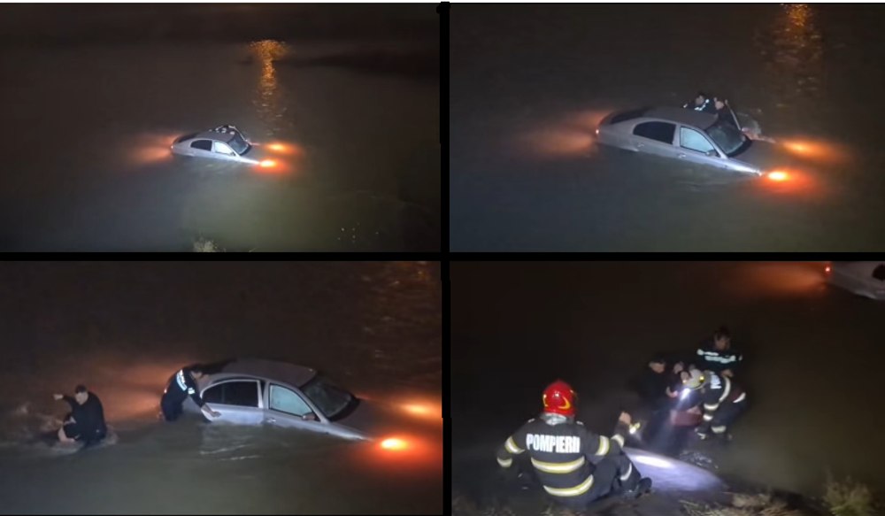 Momentele dramatice în care doi polițiști au sărit în apele reci ale Jiului pentru a salva o femeie care căzuse cu mașina în râu: 