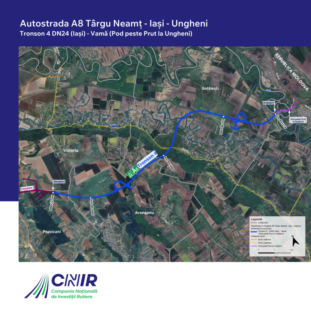 NEWS.ro: Opt oferte au fost depuse pentru construirea ultimului tronson al Autostrăzii ”Unirii”. Tronsonul 4, între DN 24 (Iaşi) şi Podul peste Prut de la Ungheni, la frontiera cu Republica Moldova are 15,5 kilometri şi un cost estimat de 4,7 miliarde lei