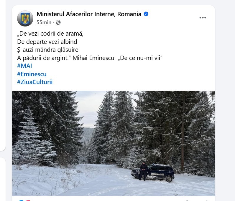 NEWS.ro: UPDATE - Ironii pe pagina de Facebook a Ministerului Afacerilor Interne după ce versurile unei poezii a lui Eminescu au fost citate greşit. Nici titlul poeziei nu a fost cel corect/ Ulterior, postarea a fost corectată