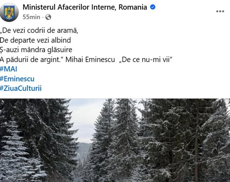 Românii ironizează MAI după ce a citat greșit versuri ale lui Eminescu: „Ați văzut codrii, dar nu poezia!”. Până și titlul poeziei a fost greșit atribuit