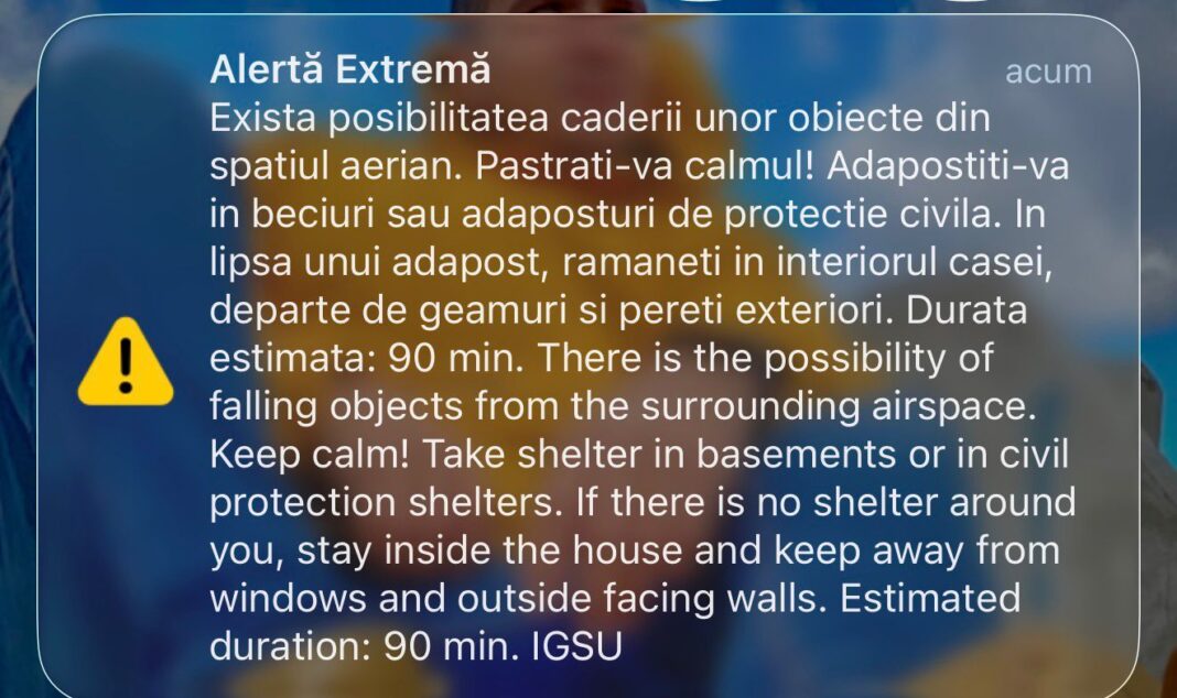 NEWS.ro: Nou mesaj RO-Alert în judeţul Tulcea, populaţia fiind informată privind posibilitatea căderii unor obiecte din spaţiul aerian, în contextul atacurilor din Ucraina