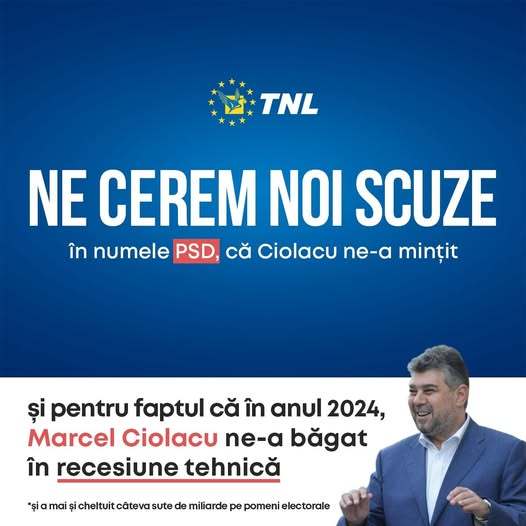 NEWS.ro: Tineretul Naţional Liberal, replică pentru Marcel Ciolacu: Ne cerem scuze noi, în numele PSD, că Ciolacu ne-a minţit şi pentru faptul că în 2024, Marcel Ciolacu ne-a băgat în recesiune tehnică