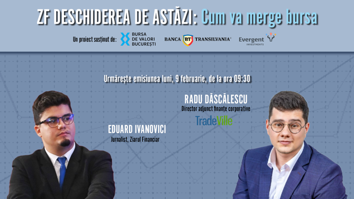 Urmăriţi ZF Deschiderea de Astăzi, 9 februarie, cu Radu Dăscălescu (TradeVille). Printre subiectele zilei: Cât de mult contează timing-ul într-o ofertă de listare? Cum arată climatul investiţional de la BVB?