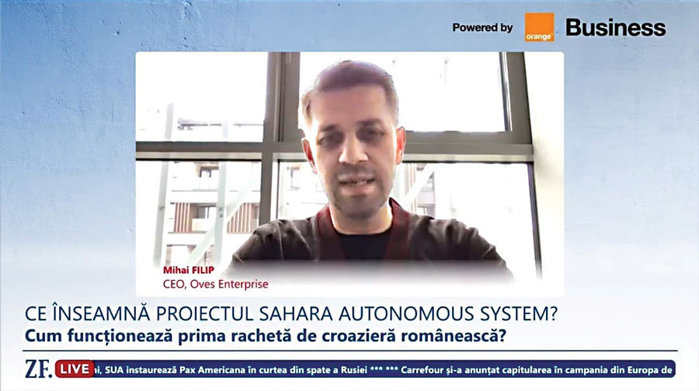 ZF LIVE. Mihai Filip, OVES Enterprise, care dezvoltă o rachetă de croazieră autonomă bazată pe inteligenţă artificială: Ne-am dat seama că tot knowledge-ul şi inovaţia pe care am generat-o ar trebui puse într-un produs al viitorului. Racheta, aproximativ 55 de kilograme, cu o încărcătură utilă de circa 10 kilograme, zboară autonom şi poate să recunoască automat o ţintă­