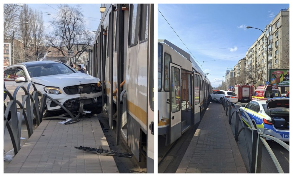 Doi răniți, după ce un șofer a intrat cu bolidul în refugiul unei stații din București și s-a oprit într-un tramvai