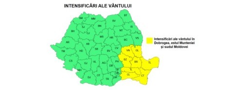 NEWS.ro: ANM: Intensificări ale vântului, în jumătatea estică a ţării şi la munte/ Cod galben de vânt puternic, vineri, în Dobrogea, estul Munteniei şi sudul Moldovei şi, sâmbătă, în Bucureşti şi în cinci judeţe