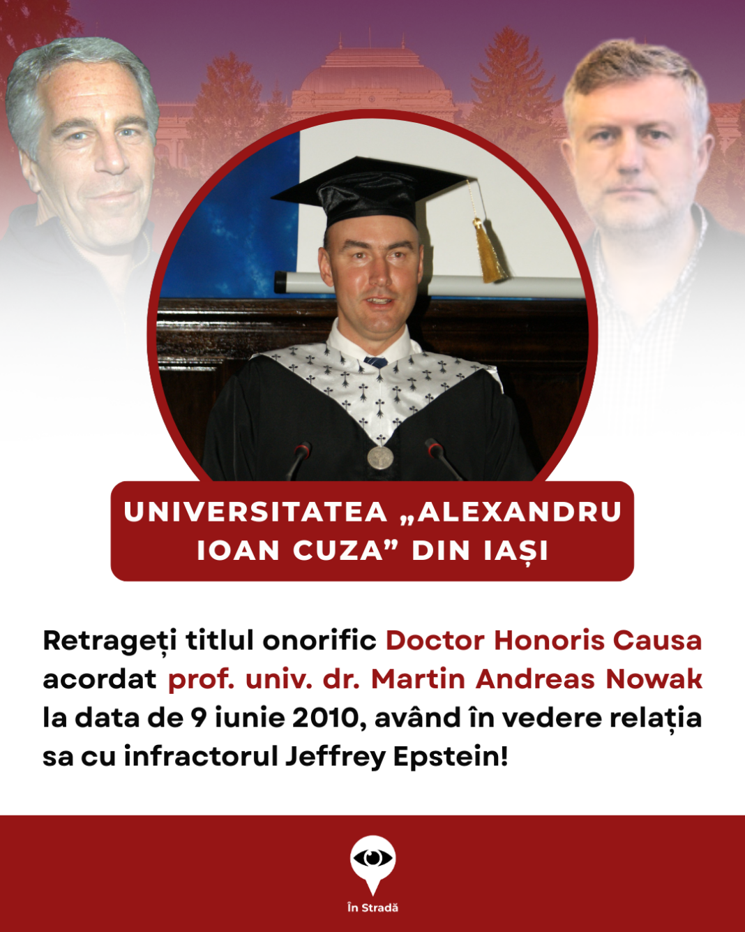 NEWS.ro: Şapte asociaţii civice cer retragerea titlului Doctor Honoris Causa acordat de Universitatea ”Al.I Cuza” din Iaşi unui profesor de la Universitatea Harvard, menţionat de peste 4.000 de ori în dosarele Epstein