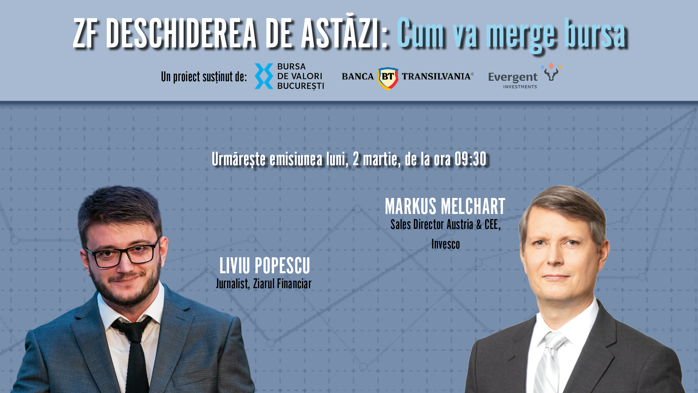 Urmariti emisiunea ZF Deschiderea de Astăzi, 2 martie, cu Markus Melkiart, Invesco, despre tendinţe de investiţii, ETF-uri, small şi mid caps şi perspectivele pieţelor europene şi emergente.