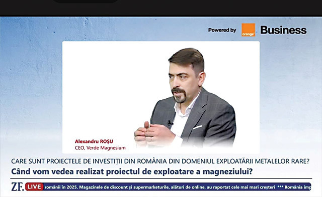ZF Live. Alexandru Roşu, CEO al Verde Magnesium, o companie care vrea să exploateze magneziu în România, o investiţie de 1 mld. dolari: Vrem să începem anul acesta construcţia fabricii-mamă în Beiuş, judeţul Bihor, o investiţie de 23-25 mil. euro