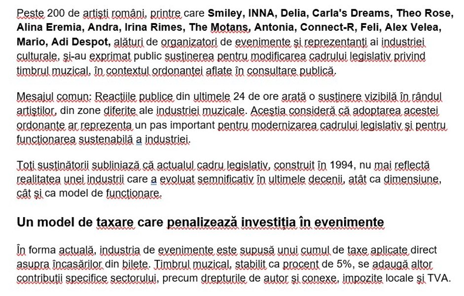 Artiști români, alături de organizatori de evenimente susțin public modificarea timbrului muzical și cer adoptarea urgentă a ordonanței aflate în consultare