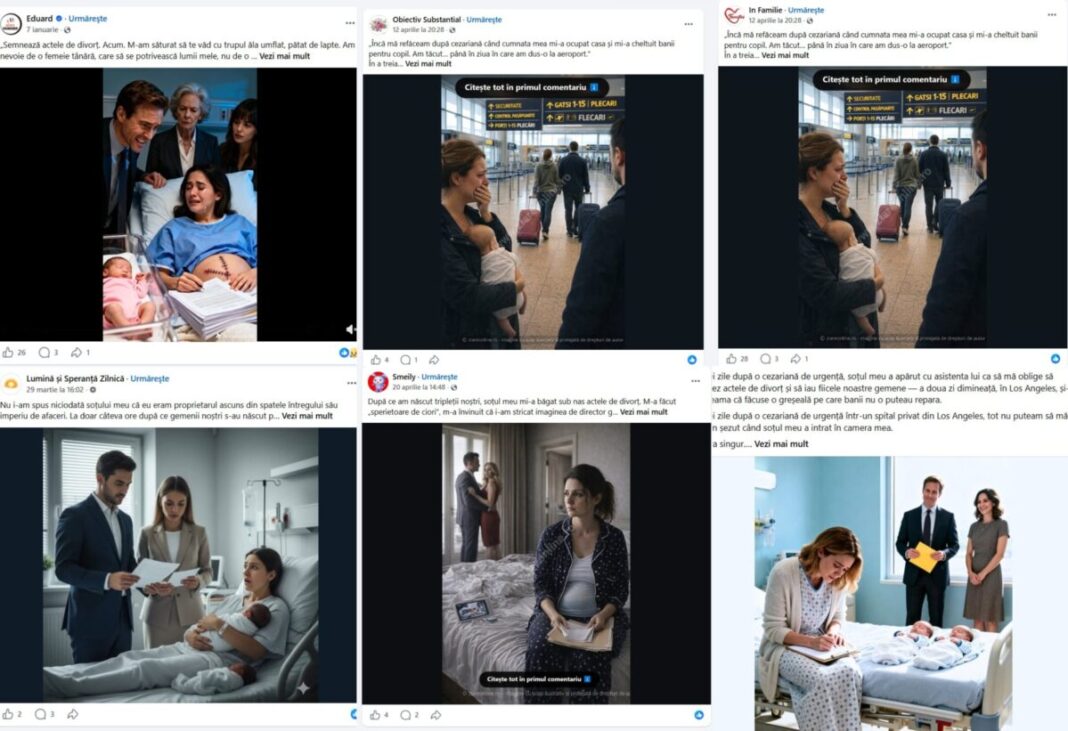 Facebook, intoxicat cu mesaje anti-cezariană de bloggeri conspiraționiști care acuză statul de cenzură / Cum se rostogolesc povești fictive ilustrate cu AI despre femei abuzate după ce au născut prin cezariană