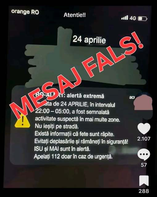 NEWS.ro: Autorităţile atrag atenţia asupra unui mesaj RO-Alert fals, care anunţă că fete sunt răpite de pe stradă