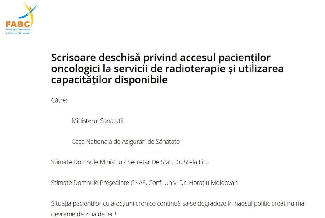 NEWS.ro: Scrisoare deschisă privind accesul pacienţilor oncologici la servicii de radioterapie şi utilizarea capacităţilor disponibile
