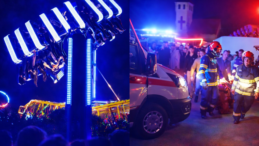 Tineri, blocați cu capul în jos, timp de 40 de minute, într-un carusel din Caransebeș / Au fost coborâți de pompieri