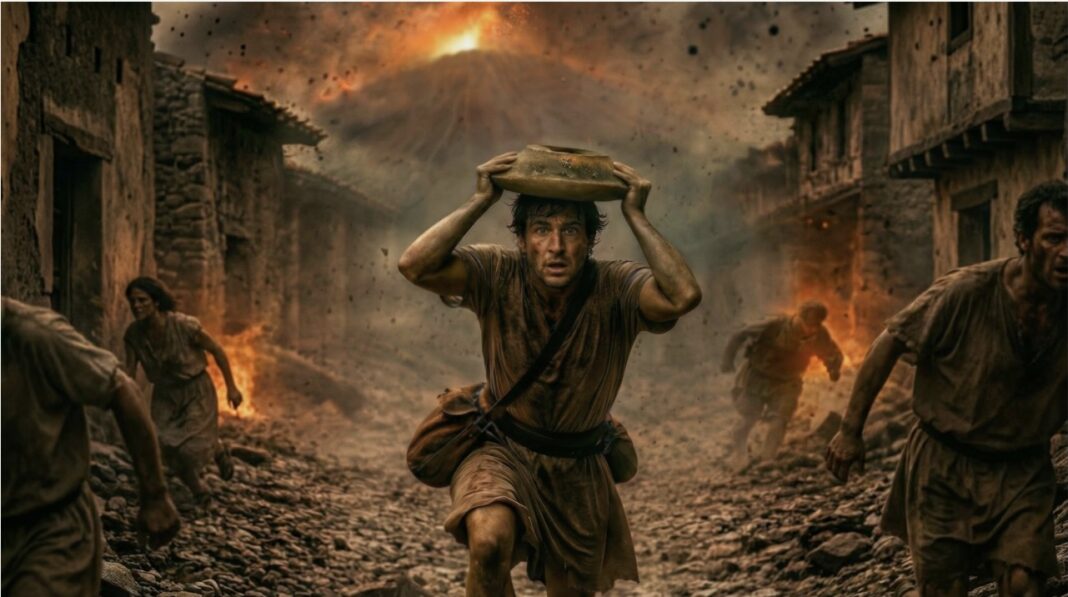 Ultimele clipe ale unui bărbat din Pompei, recreate cu Inteligența Artificială / ”A fugit cu un mortar pe cap, o lampă cu ulei în mână și zece monede”