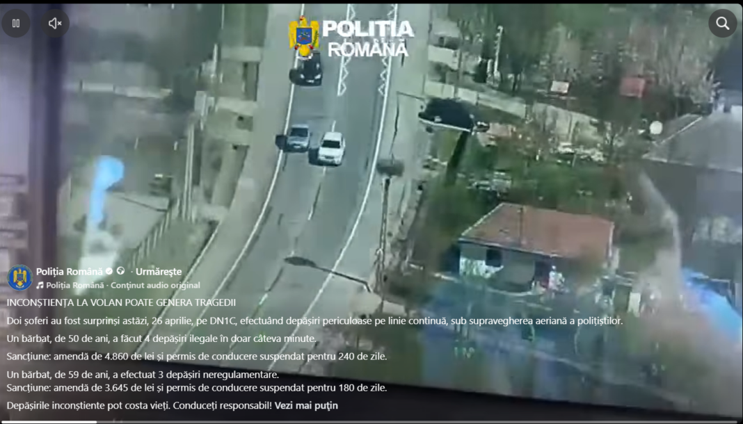 VIDEO Doi șoferi surprinși din elicopter în timp ce fac depășiri periculoase pe DN1C. Amenzi de mii de lei și permise suspendate pentru luni de zile