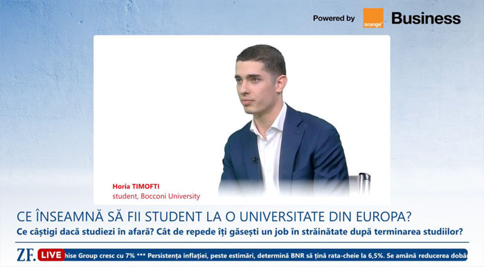 ZF Live. Horia Timofti, student, Universitatea Bocconi: Am ales să studiez la Universitatea Bocconi pentru un echilibru între cunoştinţe, expunere şi un nume relevant pe plan internaţional şi academic. În toate programele facultăţii sunt circa 100 de români dintr-o generaţie de 2.000 de studenţi