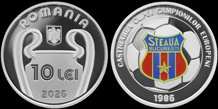 BNR vinde monede din argint şi tombac cuprat cu tema Steaua Bucureşti - 40 de ani de la câştigarea Cupei Campionilor Europeni. Preţul ajunge la 1.000 lei pentru varianta din argint