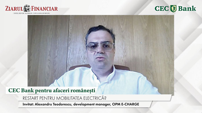 CEC Bank pentru afaceri româneşti: Alexandru Teodorescu, OPM E-CHARGE (Renovatio): Costul pe suta de kilometri cu o maşină electrică este la jumătate sau chiar spre zero pentru prosumatori faţă de una clasică. Dispare acea barieră că nu poţi ajunge în Grecia, de exemplu, cu maşina electrică