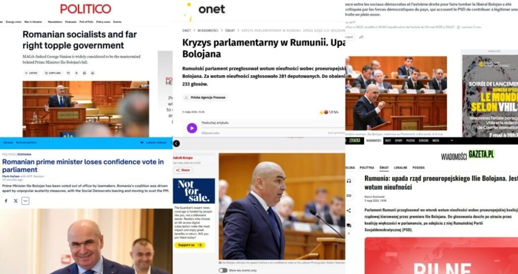 Cum se vede căderea Guvernului Bolojan în presa internațională: “George Simion, cu legături MAGA, creierul din spate” / ”Riscă să arunce țara într-o nouă criză politică” / “Socialiștii și extremiștii de dreapta au dat jos guvernul”