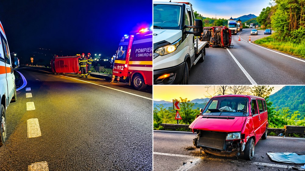Un bărbat și trei copii au fost răniți după ce o autoutilitară s-a răsturnat pe DN7, în județul Vâlcea