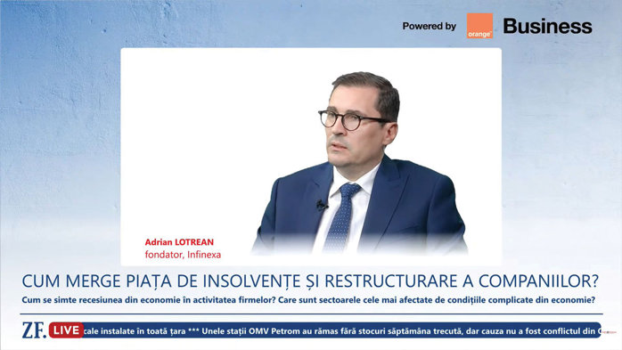 ZF Live: Adrian Lotrean, fondator Infinexa: Cele mai multe dificultăţi financiare le au companiile din sectoarele agricol, de construcţii, HoReCa şi retail. Compania administrează peste 70 de proiecte de insolvenţă, iar soldul activelor în administrare depăşeşte 300 mil. euro