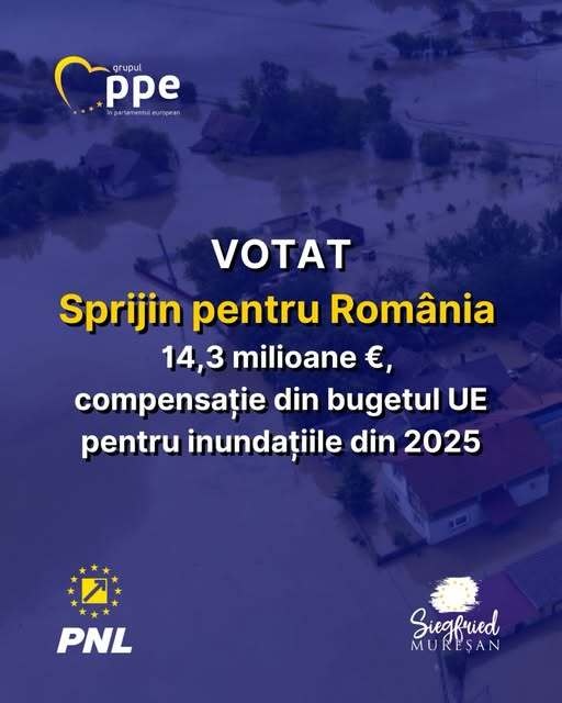 NEWS.ro: Europarlamentarul PNL Siegfried Mureşan: Sprijin Pentru România - 14,3 milioane de euro, compensaţie de la bugetul Uniunii Europene pentru pagubele cauzate de inundaţiile din 2025