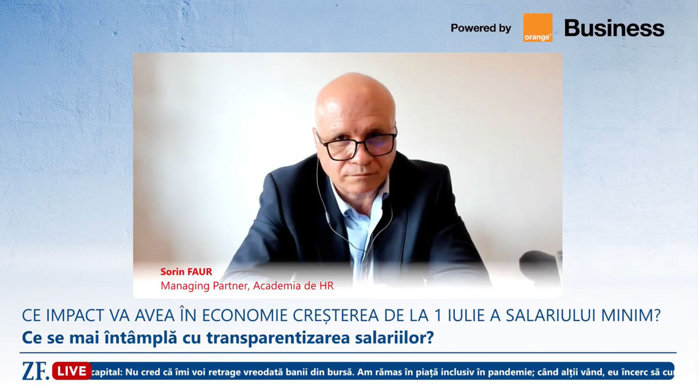 ZF Live. Sorin Faur, Academia de HR: Creşterea salariului minim pe economie duce la majorări salariale pentru 1,3 - 1,5 milioane de angajaţi. Un nivel mai redus de taxare ar putea scoate la suprafaţă o parte din veniturile gri din economie