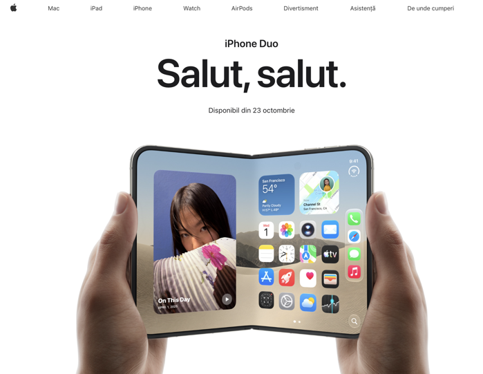 Apple spune că cererea pentru iPhone Duo, primul său smartphone pliabil, este „extraordinară”. După 30 de minute de la deschiderea precomenzilor estimările de expediere pentru noile precomenzi online la Apple în SUA ajunseseră deja în ianuarie 2027. Ce preţuri şi estimări de livrare afişează magazinele din România