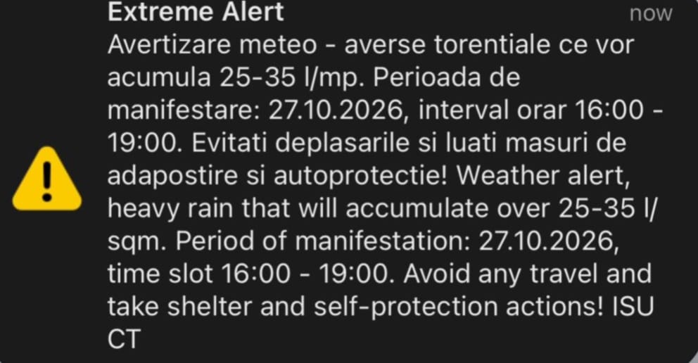Cod roșu de ploi în Constanța / Au fost emise două mesaje RO-Alert