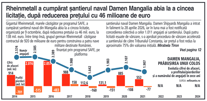 Damen Mangalia, prăbuşirea unui colos: Evoluţia cifrei de afaceri, a profitului/pierderilor şi a numărului de angajaţi în zece ani