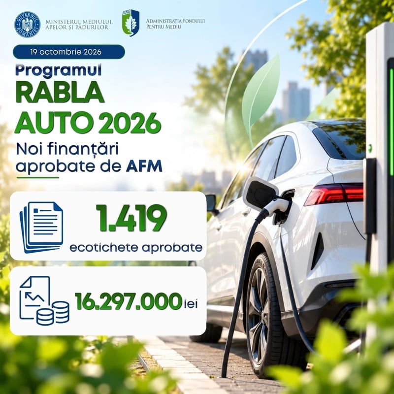 NEWS.ro: Administraţia Fondului pentru Mediu a aprobat peste 1 400 de ecotichete în cadrul Programului Rabla Auto 2026/ Finanţări de 16,2 milioane de lei