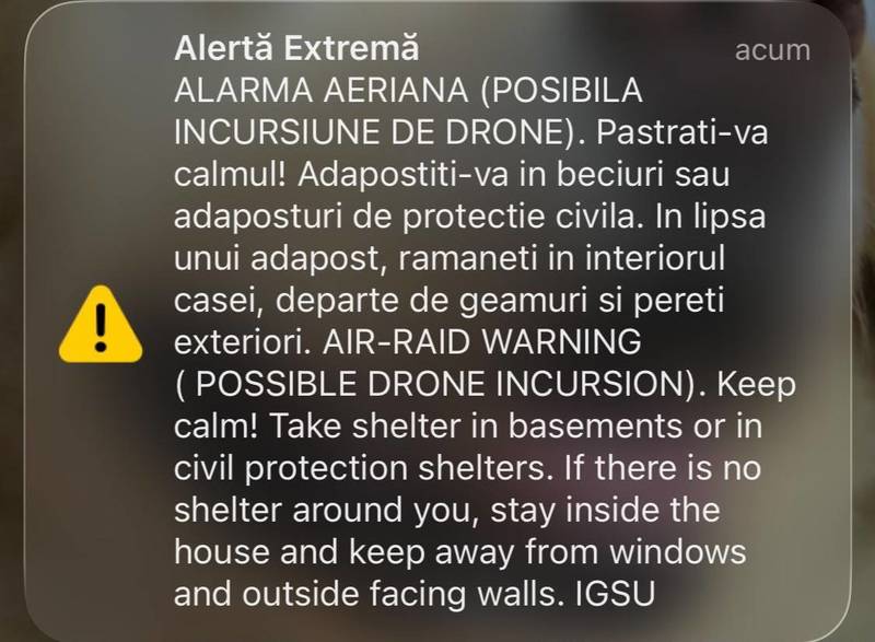 NEWS.ro: Nouă alertă aeriană în zona de nord-est a judeţului Tulcea / Mesajul avertizează populaţia cu privire la posibila pătrundere de drone / Ministerul Apărării:  Nu au fost raportate pătrunderi în spaţiul aerian naţional - FOTO