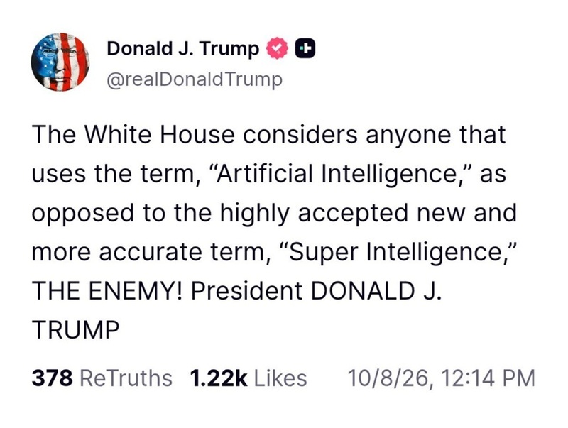 NEWS.ro: Trump ameninţă să trateze drept ”inamic” pe oricine nu foloseşte expresia ”super inteligenţă” în loc de inteligenţă artificială