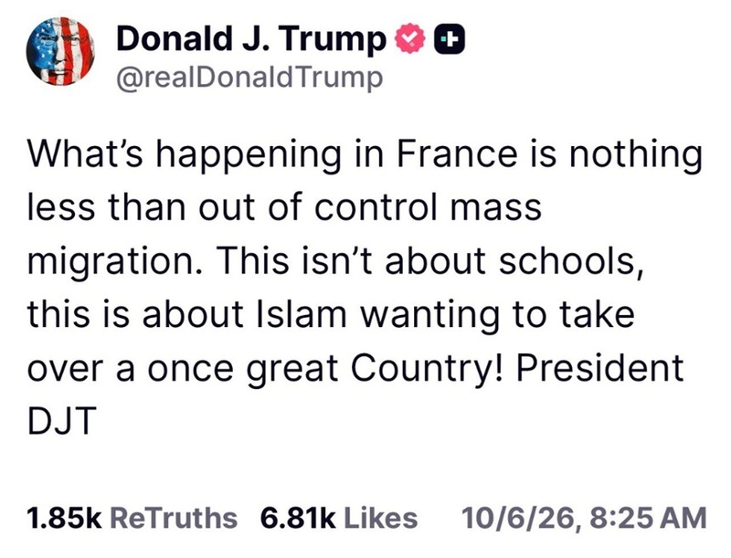 NEWS.ro: Trump:”Islamul” şi şi o ”imigraţie în masă scăpată de sub control” se află la originea contestării liceenilor din Franţa