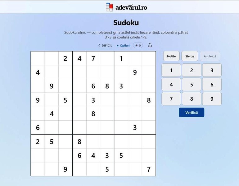 Provocarea zilei de miercuri, 28 octombrie. Cât de bine te descurci la Sudoku?