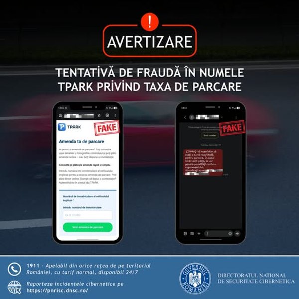 Românii primesc SMS-uri false despre amenzi de parcare. DNSC avertizează: linkurile duc la pagini care fură datele bancare