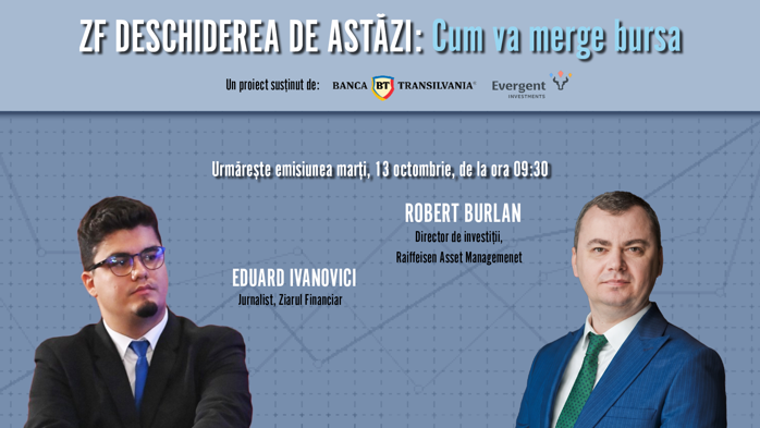 Urmăriţi emisiunea ZF Deschiderea de Astăzi, 13 octombrie, cu Robert Burlan de la Raiffeisen Asset Management: Investitorii de retail au fost principalul motor al creşterii bursei în acest an. Dinamica, susţinută prin investiţii directe şi indirecte