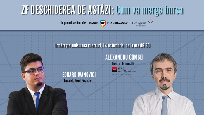 ZF DESCHIDEREA DE ASTĂZI. Cum va merge bursa. Urmăriţi o discuţie miercuri, 14 octombrie 2026, ora 09.30 cu Alexandru Combei, director de investiţii al BRD Asset Management