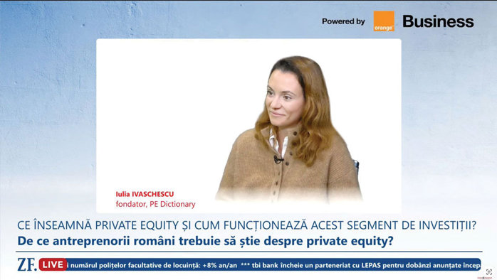 ZF Live. Ce este piaţa de private equity, care are doar 0,11% din PIB în România Iulia Ivaschescu, fondator, PE Dictionary: „Răspunsul simplu: capital investit în companii nelistate la bursă“