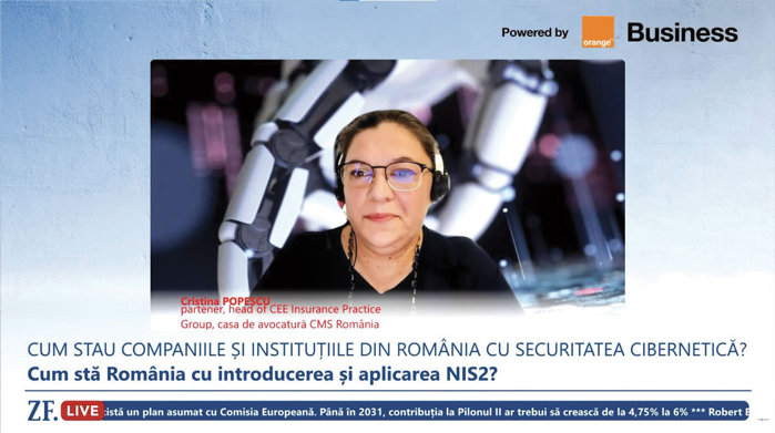 ZF Live. Cristina Popescu, casa de avocatură CMS România: NIS 2 a adus o schimbare fundamentală de paradigmă. A luat partea de securitate cibernetică din zona tehnică de IT şi a adus-o în zona de guvernanţă şi de responsabilitate managerială. Şi în momentul în care vorbim despre amenzi care ajung până la 7 milioane de euro sau 1,4% din cifra de afaceri, lucrurile se schimbă